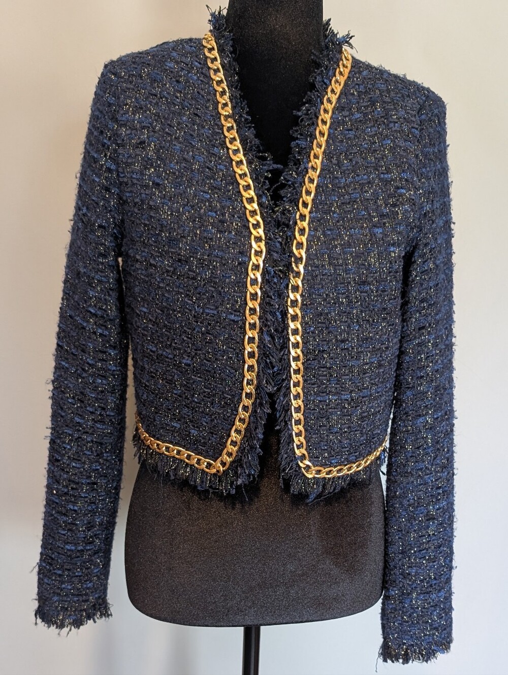 Christian Lacroix Navy Bouclé Cropped Jacket with Gold Chain Trim